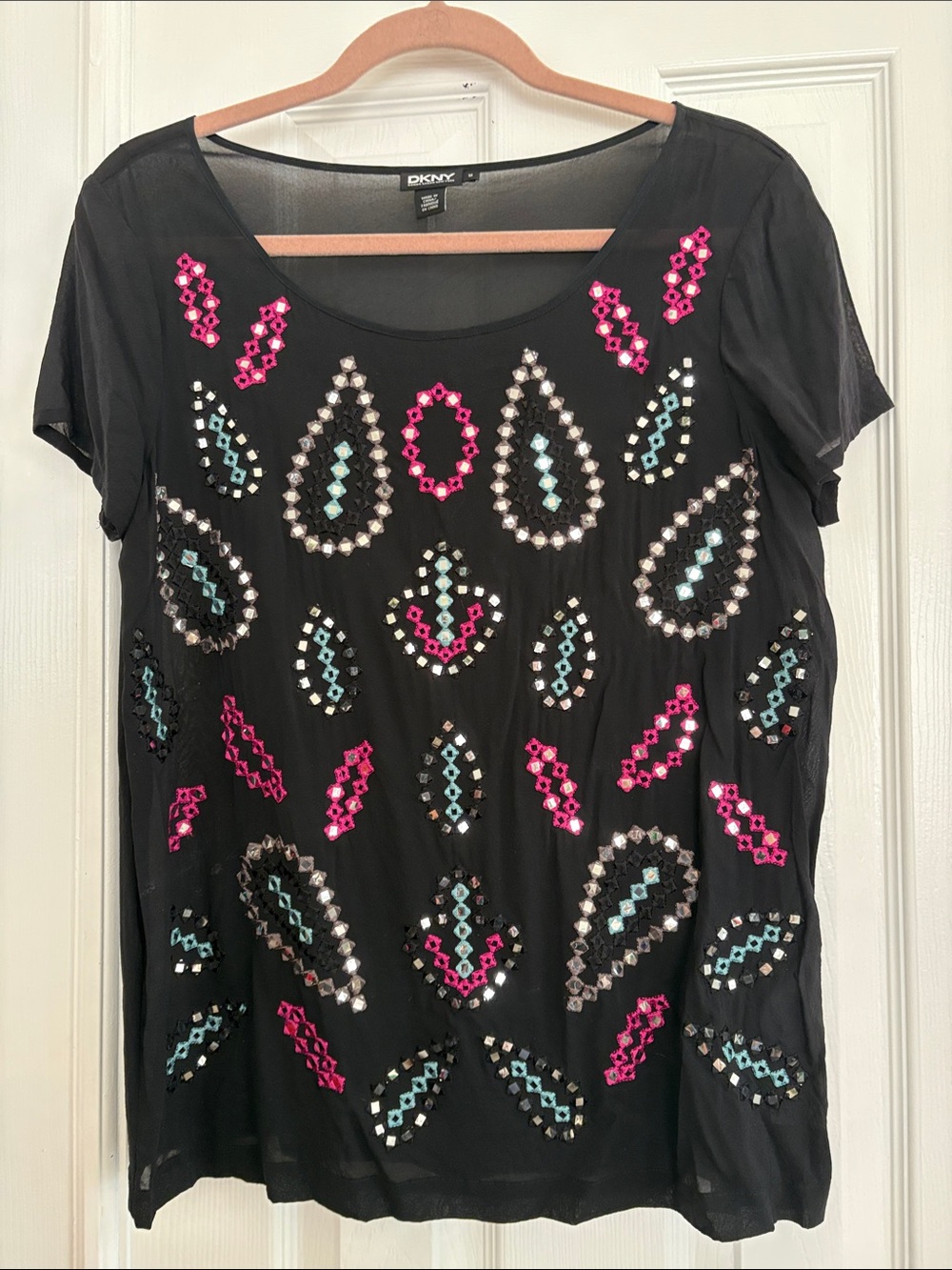 DKNY Black silk Short Sleeve Sequin hot pink and turquoise Embellished top